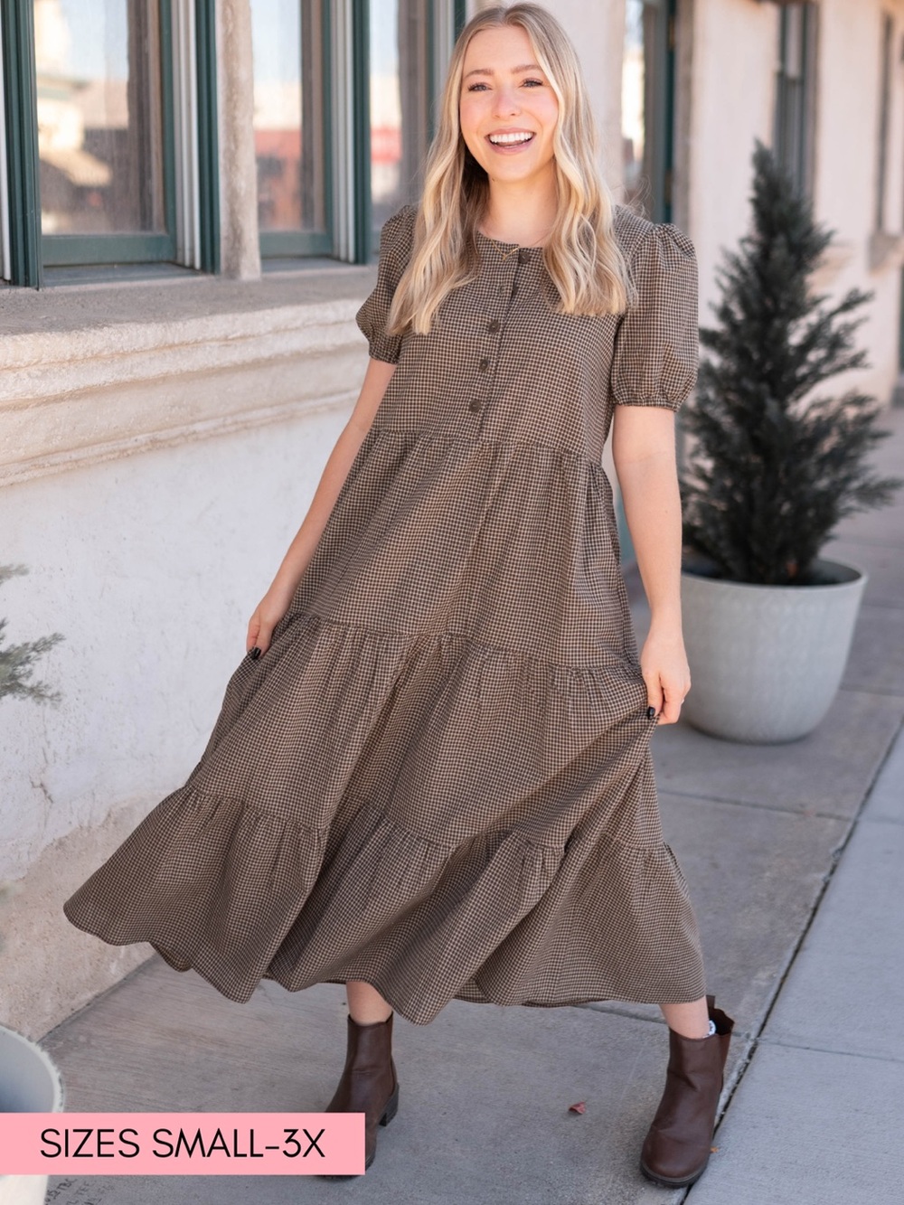 Tiered Gignham Midi Dress